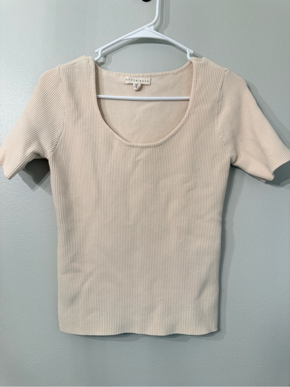 Blush Noir Fitted Ribbed Cream Scoop Neck Short Sleeve Top